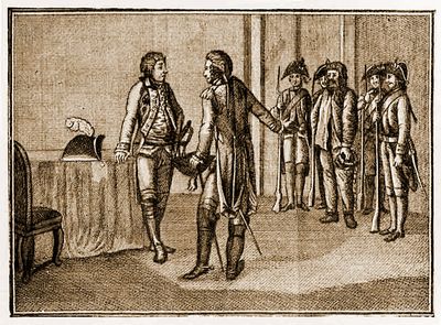 1774년 9월 16일, 야익스크의 지휘관 이반 야코블레비치 시모노프 대령이 예멜리안 푸가초프(Y. I. Pugachev)를 A. V. 수보로프에게 인계하는 모습. 크리스티안 고틀리브 가이저(Christian Gottlieb Geyser) 작품.