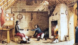 벽난로 앞에서 음료를 교환하려는 두 남자