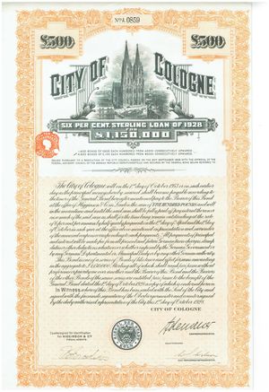 1928년 10월 1일 발행된 쾰른 시 채권; 아데나워의 모사 서명
