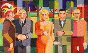 하인리히 뢰를레: Zeitgenossen(동시대인). 아데나워 시장(회색)과 예술가들, 권투선수가 함께 있는 1931년 모더니즘 회화.