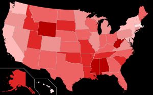 2018년 기준, 갤럽(Gallup) 여론조사에 따른 주별 자칭 보수주의자 비율: