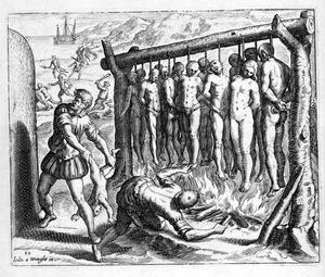 플랑드르 프로테스탄트 테오도르 드 브리가 라스 카사스의 Brevisima relación de la destrucción de las Indias를 위해 16세기에 그린 그림