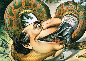 보수주의자들은 브라이언(인민당의 뱀)이 민주당(당나귀)을 집어삼키고 있다고 묘사했다. (1896년 Judge 잡지)