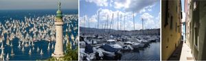 왼쪽부터: 승리 등대 근처의 바르콜라나 요트 경주; 항구의 일부; 구시가지의 거리