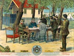 발칸 전쟁 당시 그리스의 석판화. 메탁사스(테이블 뒤편)와 콘스탄티노스 1세 국왕, 베니젤로스 총리, 그리고 다른 장교들이 육군 본부에 있는 모습을 묘사하고 있음.