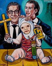 "사랑하는 부모(Liebende Eltern)", 이스람식 복장 착용에 대한 논쟁을 그린 그림. 오스트리아의 제바스티안 쿠르츠 총리, 하인츠-크리스티안 슈트라헤 부총리와 무슬림 어린이를 묘사하고 있으며, 마티아스 로렌츠 그래프(2018) 작품