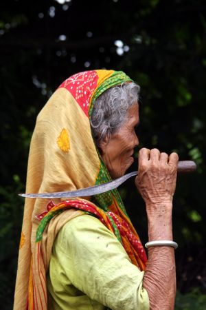 샤프타리(Saptari)에서 '하시야'(낫)를 들고 있는 네팔 마을 여성