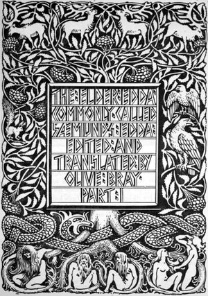 올리브 브레이가 번역한 《코덱스 레기우스》의 표지. 《고대 에다》(1908)라는 제목으로, 세계수 이그드라실과 그 주변의 여러 존재들을 묘사하고 있다. (W. G. 컬링우드 작)