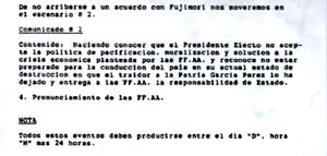 1990년 페루 대선 이후 작성된 플랜 베르데의 최종 조정표 추가 문서 일부