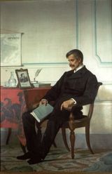 망명 중 포르투에 있는 카를로 알베르토. 그의 손에는 그가 지지했던 신길파 사상가 조베르티의 저서가 들려 있다. 안토니오 푸치넬리(1822~1897) 작품.