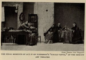 1922년 모스크바 예술극장에서 공연된 '바냐 아저씨' 공연 중 촬영된 사진. 체홉의 '바냐 아저씨' 모스크바 예술극장 공연 중 한 장면으로, 4막의 극적인 절정을 보여준다.