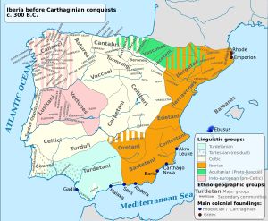 기원전 300년경(카르타고 정복 이전) 이베리아 반도의 민족 및 언어 지도.