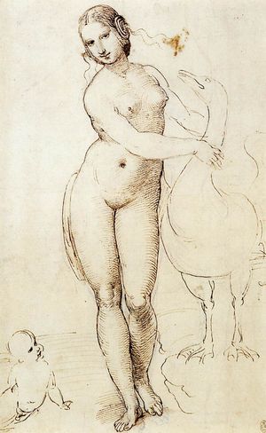 레오나르도 다 빈치가 그린 『레다와 백조』를 라파엘로가 모사한 드로잉.영국 왕실 소장품 소장.레오나르도의 원본 작품은 현존하지 않지만, 다른 화가에 의한 복제본이 몇 점 남아 있다.