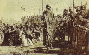 1162년 3월 1일, 오토네 비스콘티는 도시 함락 후 바르바로사에게 항복한 당국자 목록에 처음으로 등장하는 밀라노인이다 (19세기 판화)