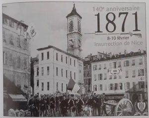 1871년 니스에서의 친이탈리아 시위. 니스 백작령과 이탈리아 왕국의 통합을 지지하는 인민 봉기인 니스 만종(Niçard Vespers) 당시의 모습