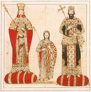 미스트라스의 페리블렙토스 수도원에 있는 소실된 비잔틴 미니어처 복제품으로, 미하일 8세와 테오도라, 콘스탄티노스를 묘사하고 있다.