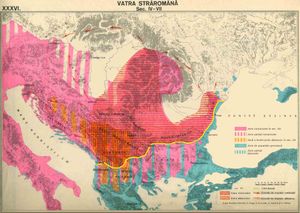 4세기에서 7세기 사이 로마 제국 시대에 라틴어가 사용되었던 지역을 분홍색으로 표시한 지도(오늘날 루마니아의 영토 포함)