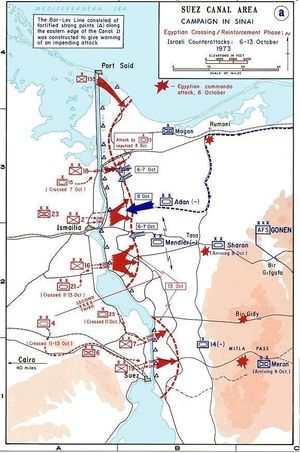 1973년 10월 6일 이집트군의 공세와 이스라엘군의 반격. 빨강: 이집트군, 파랑: 이스라엘군