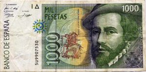 1992년 발행된 1000 에스파냐 페세타 지폐의 코르테스. 코르테스에 대한 평가는 시대와 관점에 따라 달라져 왔다.