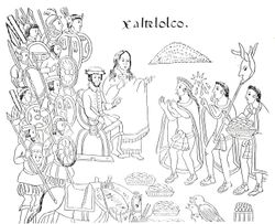 디에고 무뇨스 카마르고의 『틀락스칼라 역사』(1585년경) 삽화. 라 말린체와 에르난 코르테스가 그려져 있다.