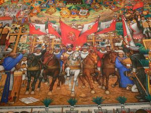 트라스칼라 주 정부 청사 내부에 데시데리오 에르난데스 소치티오트진이 그린 트라스칼라 깃발