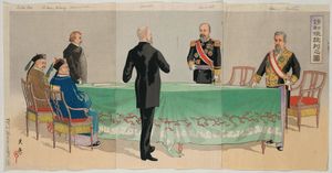 1895년 2월, 히로시마 현청에서의 강화 교섭을 묘사한 쓰치야 고이쓰(土屋光逸)의 목판화 「청화사담판지도(請和使談判之図)」
