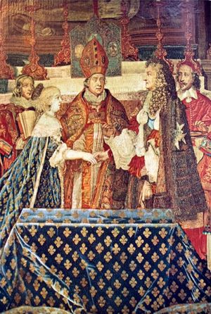 루이 14세와 마리아 테레지아의 결혼식. 마자랭은 오른쪽에 있다.