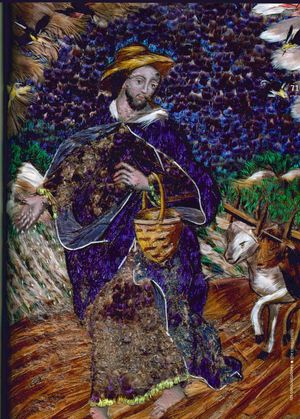 오리, 벌새, 카나리아 깃털로 만든 이시도르 농부의 멕시코 깃털 공예 그림.