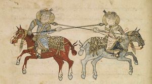 창을 든 기병들. 아마드 알-미스리("이집트인")의 니하야트 알-술(기마술 설명서), 1371년, 맘루크 이집트 또는 시리아.