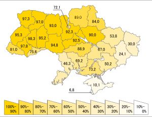 현대 우크라이나를 중심으로 한 우크라이나어 사용 분포(2001년)