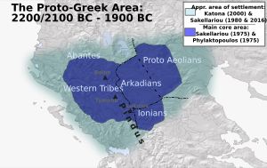 카토나(2000), 사켈라리우(2016, 1980, 1975), 필락토풀로스(1975)가 제시한 원그리스어 정착 지역(기원전 2200/2100년–1900년) 