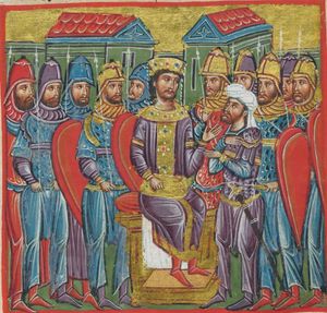 알렉산드로스 대왕을 비잔틴 황제의 옷차림으로 묘사한, 그의 일생을 그린 사본(1204년~1453년 사이)