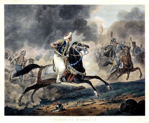 어두운 말을 탄 한 기수가 기수들이 줄지어 있는 곳을 공격하는 모습