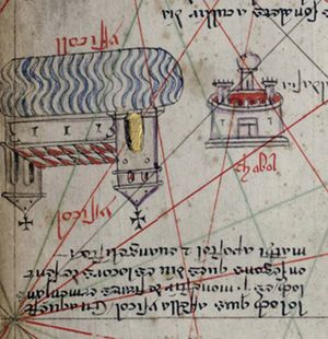 1375년 카탈라니아 지도의 이식쿨 호 묘사 부분. "이 곳은 이시콜이다. 이곳에는 아르메니아 형제들의 수도원이 있는데, 마태 사도와 복음 전파자가 있다고 한다"라고 적혀 있다.