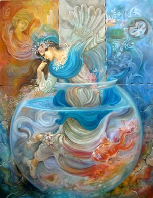 네 가지 고전 원소와 인간, 동물, 식물이라는 세 가지 필수적인 생명체의 형태와 관련된 노루즈의 하프트 신을 묘사한 그림.