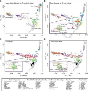 현대 및 고대 유라시아인의 유라시아 전역 주성분 분석. 총 1,372명의 고대 개인이 현대 유라시아 인구에 의해 정의된 처음 두 주성분으로 투영됩니다. (A) 중석기 시대부터 에네올리틱 시대, (B) 청동기 이전 시대부터 청동기 시대, (C) 철기 시대 및 (D) 역사 시대 개인이 표시되었습니다. 키르기스인은 동유라시아와 서유라시아 군집 사이 중앙에 표시되어 있습니다.
