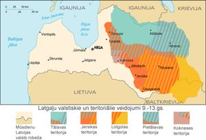 9세기에서 13세기경 여러 역사 지도에 따른 라트갈리아 지역. 예르시카 공국, 코크네세 공국, 탈라바 등을 보여줌.