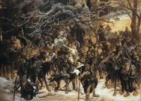 미하우 엘비로 안드리올리의 그림 "리투아니아인들의 귀환" 세부묘사. 테우토니아 기사단과 싸우고 돌아오는 리투아니아인들을 묘사하고 있다.