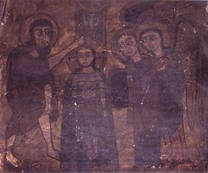 12세기 벽화는 예수 그리스도의 세례 장면을 보여준다. 예므레하나 크레토스 교회, 랄리벨라.