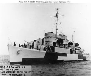 1944년 2월 6일, 워싱턴주(Washington) 호턴(Houghton) 앞바다에 있는 미 해군 수상기모함(seaplane tender) USS 오르카(Orca)(AVP-49). 이 함선은 1962년부터 1993년까지 에티오피아 해군의 훈련함(training ship) 에티오피아(Ethiopia)로 복무했다.
