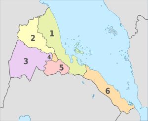 에리트레아 지방 지도. 1. 북적해, 2. 안세바, 3. 가시-바르카, 4. 중부(오른쪽), 5. 남부, 6. 남적해