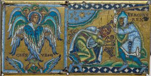 케루브와 헤라클리우스가 코스로에 2세의 항복을 받는 모습; 십자가 장식판(샹플뢰브 유약 사기질 에나멜 도금 구리).