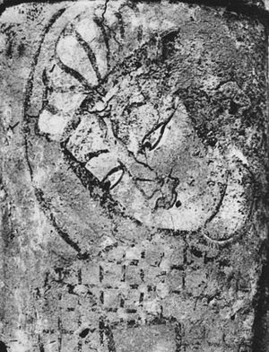 가즈나 왕조의 초상화, 라슈카리 바자르 궁전. 슐럼버거는 터번, 작은 입, 강하게 기울어진 눈이 전형적인 튀르크 특징이라고 언급했다.