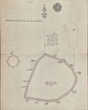 페르시아-아랍 문자로 표기된 도시 외곽선을 표시하여 옛 성벽의 12개 역사적 문을 표시한 암리차르 지도, 약 1831~35년