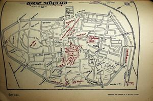 마한 코시(1930)에 발표된 바와 같이 시크교 유적지의 위치가 표시된 암리차르 지도