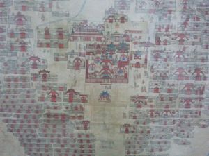 19세기 우르가(울란바토르) 그림의 세부 묘사: 중앙에는 1654년에 건설된 이동식 사각 사원인 바트 차간과 수많은 다른 사원들이 있다.