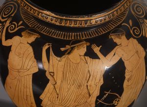 에오스와 두 청년, 적색상감 스타모스, 기원전 470~460년경, 현재 월터스 미술관 소장