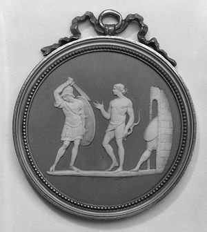 아폴론이 디오메데스가 아이네이아스를 추격하는 것을 막는 모습