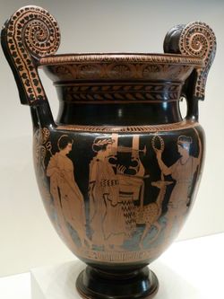 헤르메스, 아폴론, 아르테미스가 있는 혼합 용기. 루카니아, 기원전 415~400년, 팔레르모 화가의 작품으로 추정. J. 폴 게티 박물관, 캘리포니아.