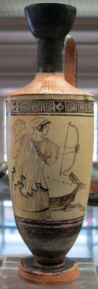 활과 사슴을 든 아르테미스. 아티카 레키토스 기원전 460-450년경